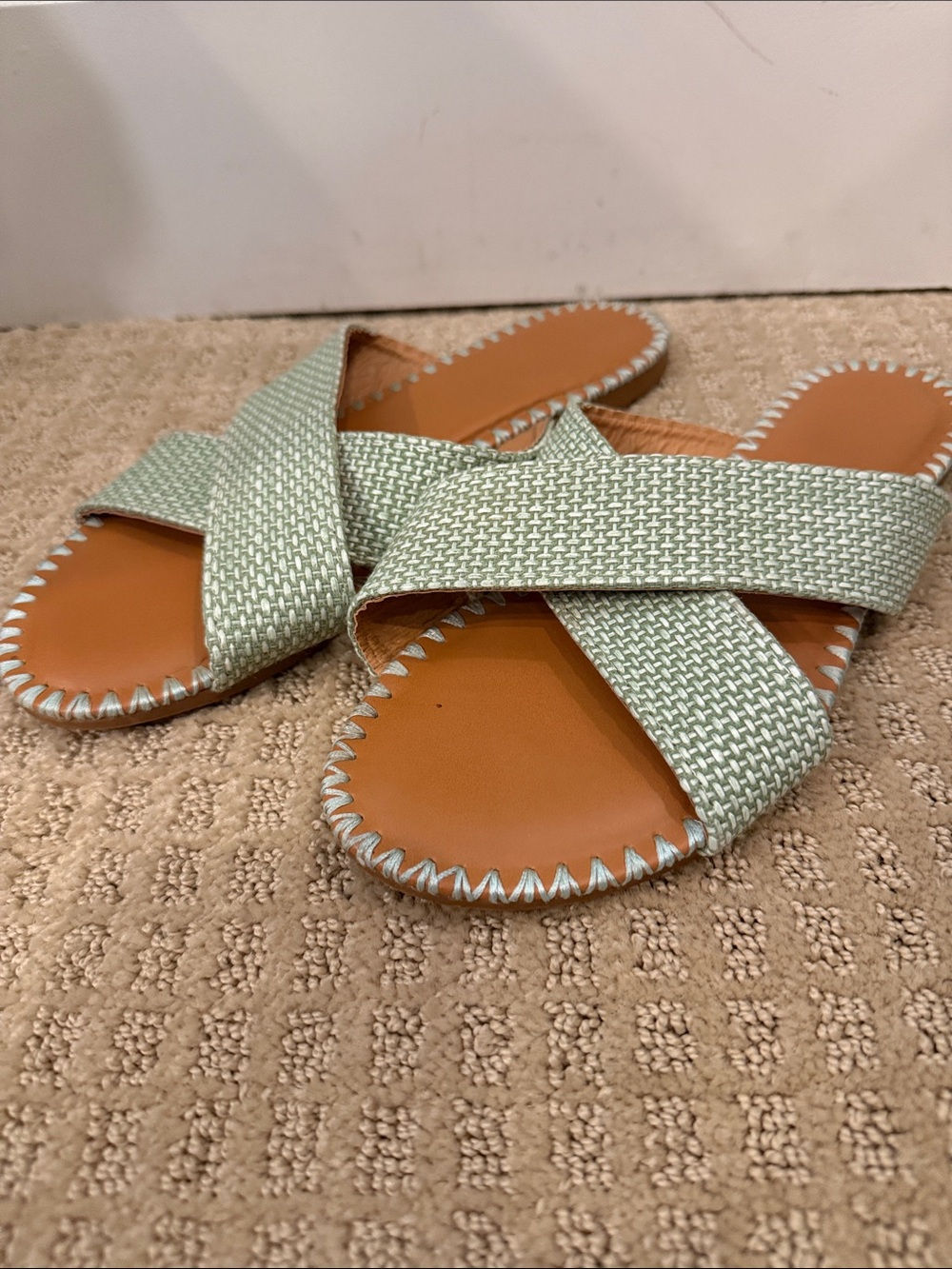 Nicole Miller Sage Green Woven Crisscross Slide Sandals